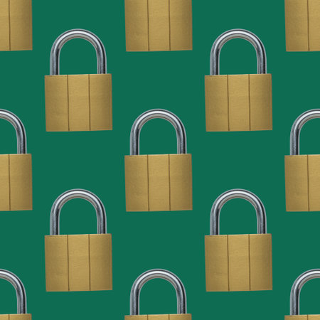 Seamless pattern of classic metal locks on a green background. The concept of protection and...