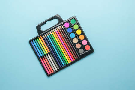 A set for the artist of paints, brushes, pencils and crayons. Accessories for creativity.の写真素材