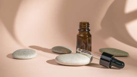 A medicine bottle with a pipette and stones on a beige background. The concept of treatment and body care using natural remedies.の写真素材