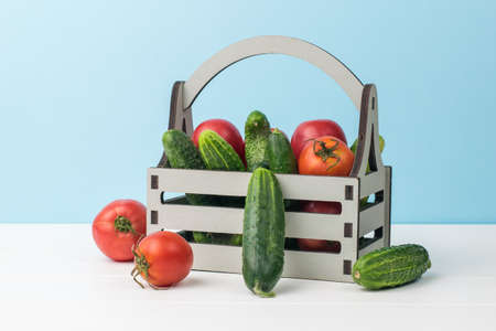 Fresh cucumbers and tomatoes in a wooden box on a white table on a blue background. A fresh crop of...