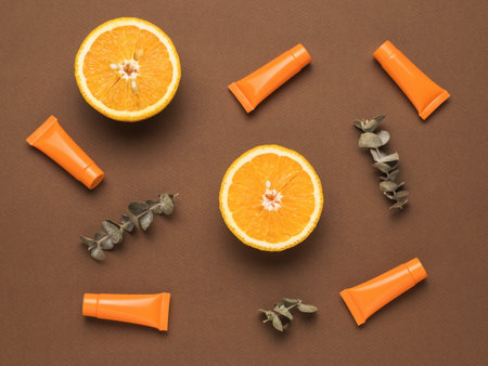 Orange slices, tubes of cream and sprigs of eucalyptus on a brown background. Cosmetics and therapeutic ointments based on natural minerals. Flat lay.の写真素材