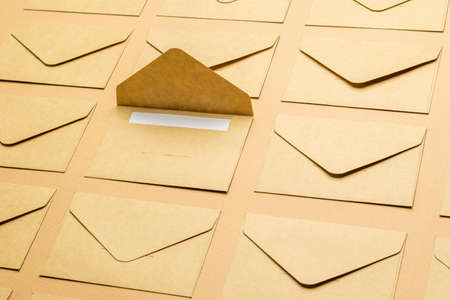The background consists of closed postal envelopes and one open one. The concept of mail...