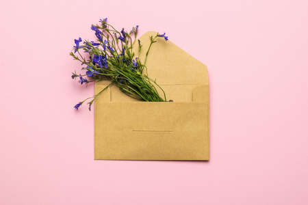 A bouquet of flowers in a paper postal envelope on a pink background. The concept of love correspondence. Flat lay.の写真素材
