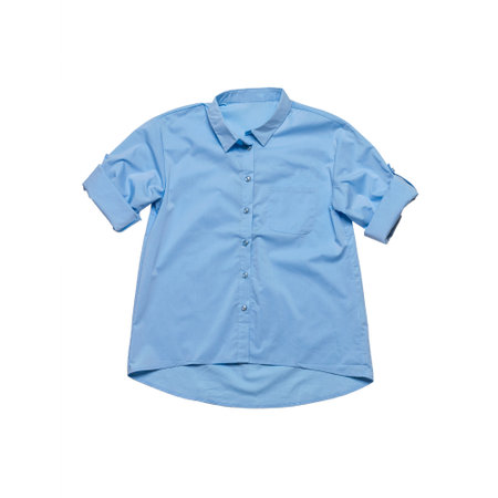 Blue women's shirt with wrapped sleeves isolated on a white background. Classic clothing.の写真素材