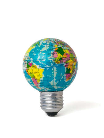 A light bulb in the shape of a model of the globe isolated on a white background. The concept of...