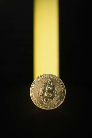 A digital coin and a bright yellow ray on a black background. The concept of the rise in the price of cryptocurrency. Digital currency.の写真素材