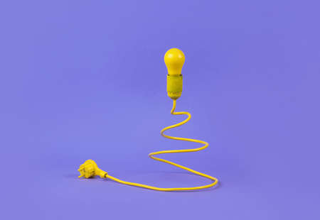 The concept of the New Year. Minimalism. Electric lamp with a wire on a purple background. Contemporary art. Place for text.の写真素材