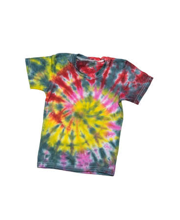 Tie dye-style short-sleeved T-shirt isolated on a white background. The background on the fabric is made with your own hands. Flat lay.の写真素材