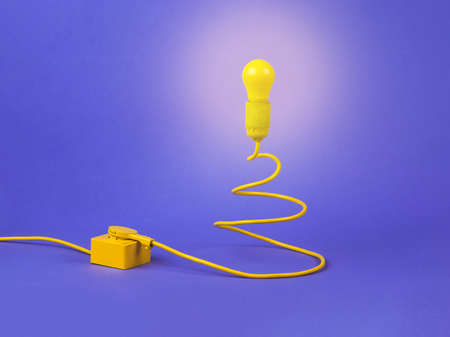 The concept of the New Year. Minimalism. Lamp and cord in the form of a Christmas tree connected to the mains on a purple background. Contemporary art. Place for text.の写真素材