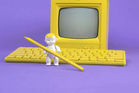 A baby figurine with a pencil on the background of a monitor and a computer on a purple background. The concept of online education.の写真素材