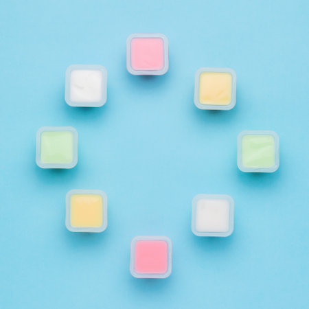 A set of multicolored yogurt cups on a blue background. Natural healthy food. Fruit and milkshakes. Flat lay.の写真素材