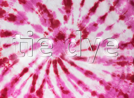 The inscription in water letters tie dye and tie dye style fabric. The background on the fabric is made with your own hands. Flat lay.の写真素材