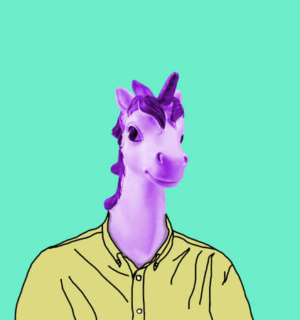 Collage of contemporary art. A unicorn's head and a painted male body in a yellow shirt. Minimalism.