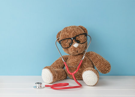 A large knitted bear with a stethoscope in glasses on a blue background. The concept of treatment of diseases.の写真素材