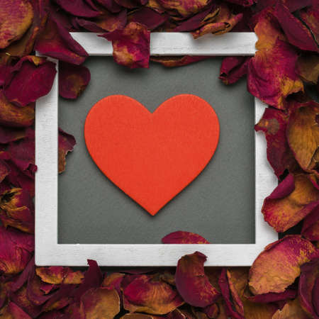 A beautiful red heart in a white frame with rose petals on a gray background. The concept of a...
