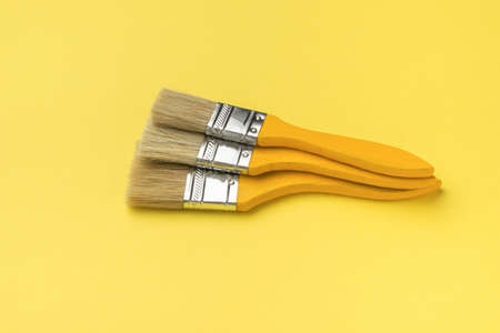 Three brushes with yellow wooden handles on a yellow background. Trending color.の写真素材