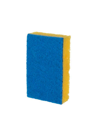 Blue-yellow parolon sponge isolated on a white background. The concept of cleaning and cleanliness.の写真素材