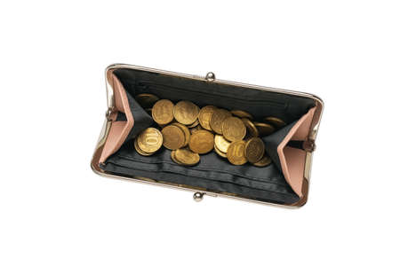 Large open women's wallet with coins isolated on a white background. The concept of the family...