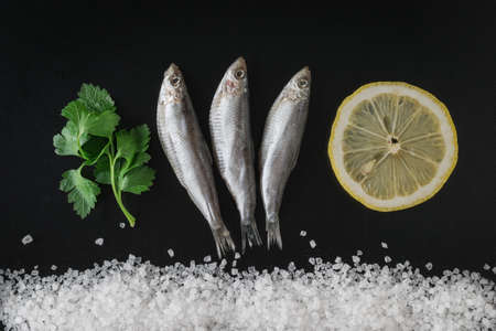 Salted fish, lemon, parsley and salt on a black table. Delicious seafood appetizer. flat lay.の写真素材
