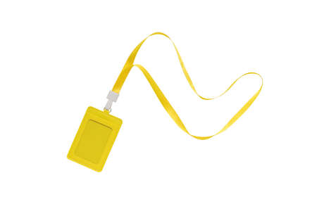Yellow badge on a yellow ribbon isolated on a white background. name badge. A device for cards and business cards.の写真素材