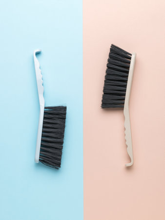 Two cleaning brushes on a two-tone background. Minimal concept of cleanliness guidance. flat lay.の写真素材