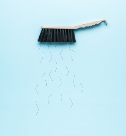 Cleaning brush with flying bristles on a blue background. Minimal cleaning concept. flat lay.の写真素材