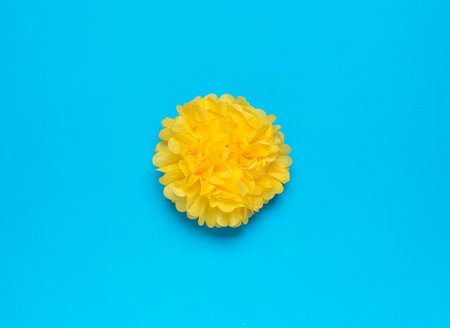 A large bright yellow paper pompom on a blue background. Minimal party concept. flat lay.の写真素材
