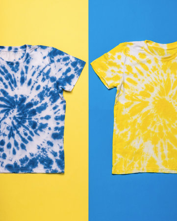 Yellow and blue T-shirts painted in tie dye style on a yellow and blue background. Minimal fashion concept. flat lay.の写真素材
