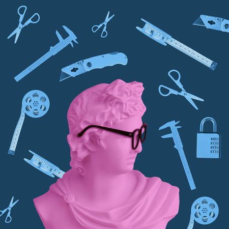 Bust of Apollo with glasses on the background of a set of tools for creativity. The concept of modern art. art collage.の写真素材