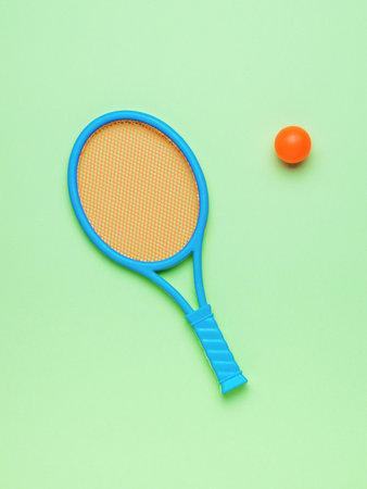 An orange ball and a blue racket on a green background. Minimal sports concept. flat lay.の写真素材