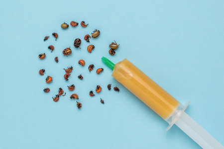 A syringe filled with insect repellent and Colorado beetles on a blue background. Minimal concept of pest control. flat lay.の写真素材