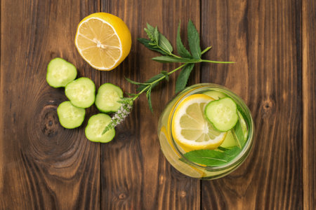 A glass of water with lemon and cucumber and cucumber slices on a wooden background. A natural cooling drink.の写真素材