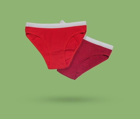 Two red women's sports panties on a green background. Minimal concept of women's underwear. flat...