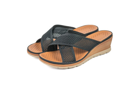 High-soled sandals made of mesh material insulated on a white background. Summer shoes for women.の写真素材