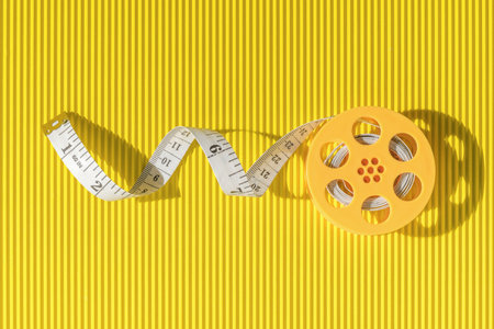 Measuring tape on a yellow coil on an abstract yellow background. A device for measuring body...