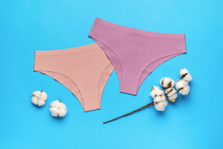 Twigs of cotton and two women's panties on a blue background. The concept of women's underwear. flat lay.の写真素材