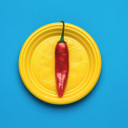 Red pepper in a yellow plate on a blue background. A popular spice. flat lay.の写真素材