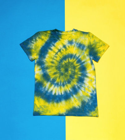Blue and yellow tie dye T-shirt on a blue and yellow background. The background on the fabric is made with your own hands. flat lay.の写真素材