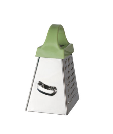 Side view of a metal grater with a green handle isolated on a white background. A tool for crushing products.の写真素材