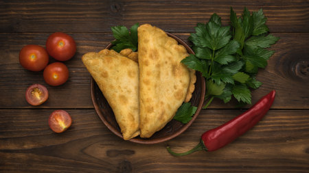 Two fresh pies with meat and herbs on a dark wooden table. The minimum concept of bakery products with meat.の写真素材