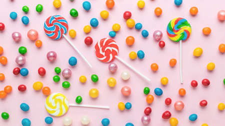 Lollipops and candies scattered on a pink background. The concept of sweets. Flat lay.の写真素材