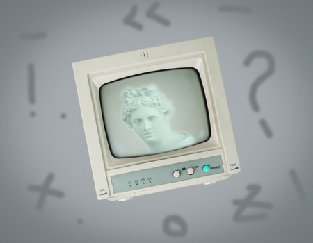 Apollo's head on an old TV screen on an abstract background. Collage of contemporary art.の写真素材