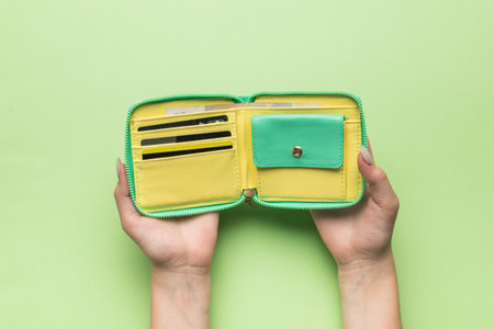 The hands of a girl with an open yellow-green wallet on a green background. The concept of cash accounting.の写真素材