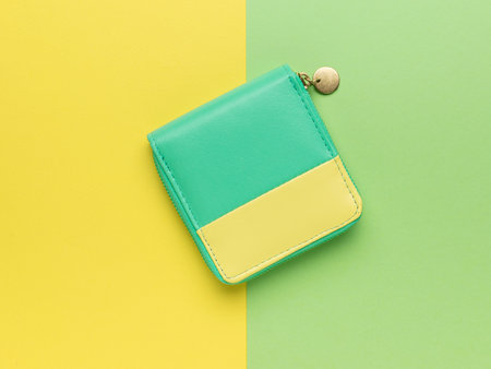Yellow-green zipper wallet on a green background. The concept of accounting for finance. Flat lay.の写真素材