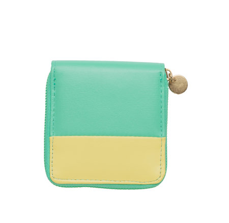Yellow-green wallet isolated on a white background. The concept of saving and storing money. Flat lay.の写真素材