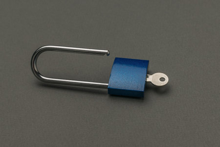 An open metal lock with a key on a gray background. The concept of protection.