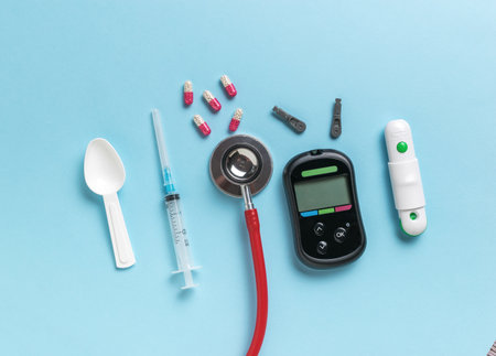 Blood glucose meter, syringe and medications on a blue background. The concept of getting rid of diseases. Flat lay.の写真素材