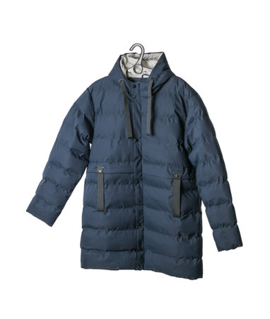 Blue men's winter jacket insulated on a white background. The concept of protection from the cold.の写真素材