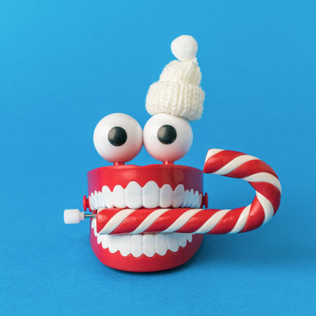 A wind-up toy in a knitted hat with a Christmas candy on a blue background. The concept of a creative new year.の写真素材
