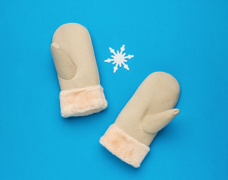 Two warm fur mittens and a white snowflake on a blue background. The concept of protecting hands from the cold.の写真素材